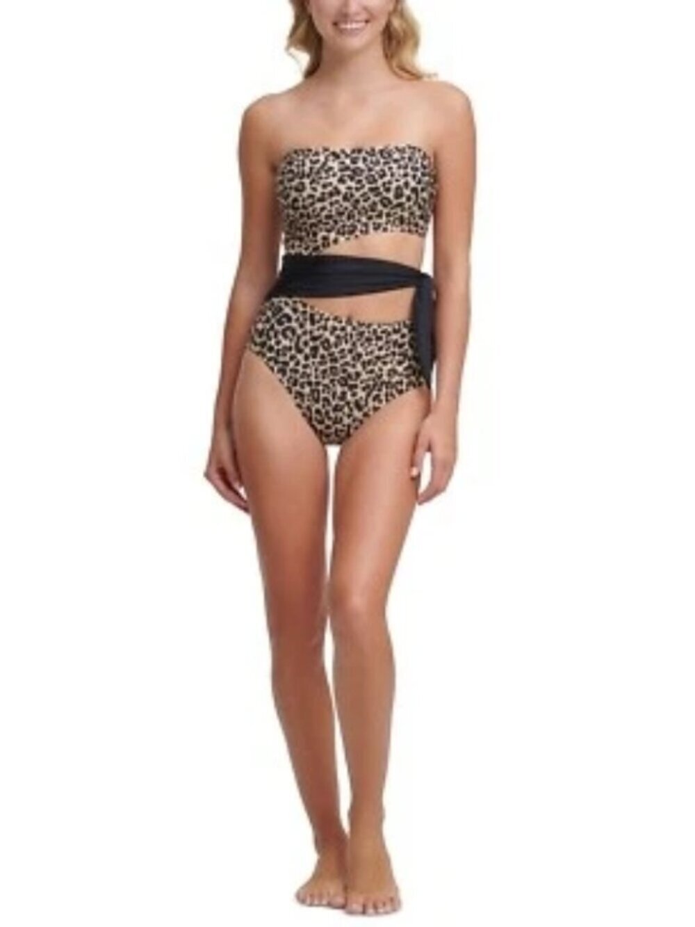 DKNY Animal Leopard Print Cut-Out Bandeau One-Piece Swimsuit Strapless Sz 10 NWT - Picture 1 of 8